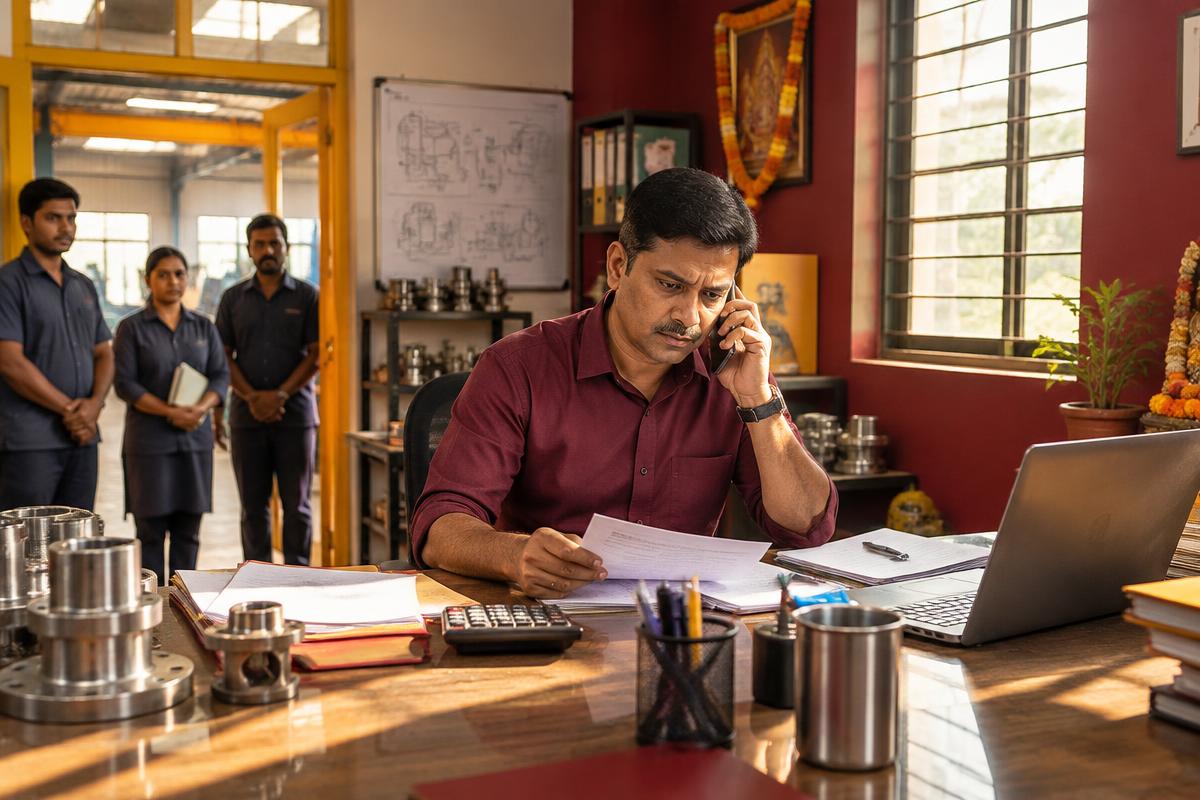 Indian business owner managing every decision in his Pune workshop