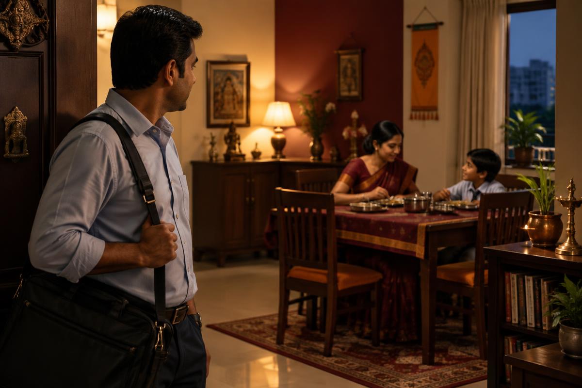 Indian business owner arriving home after his family has started dinner