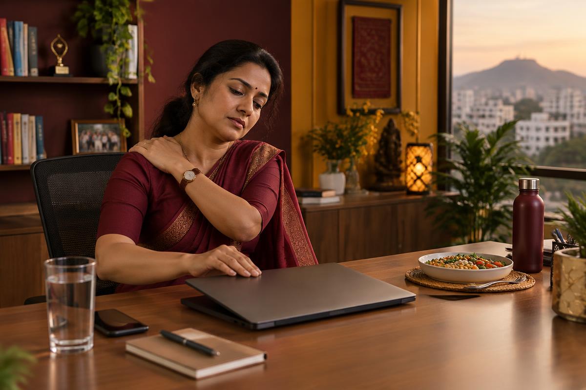 Indian business owner feeling the physical strain of a long workday
