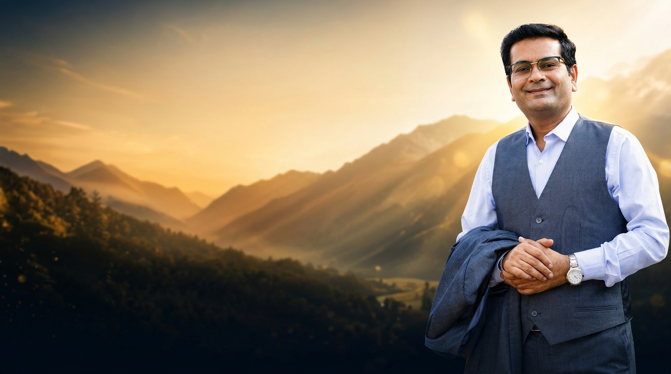 Vivek Doba standing against a warm sunrise mountain landscape